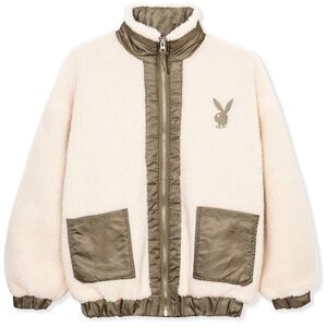 Playboy x Missguided Jacket Bomber Fleece Bunny Logo Ivory Olive Women’s Size 4